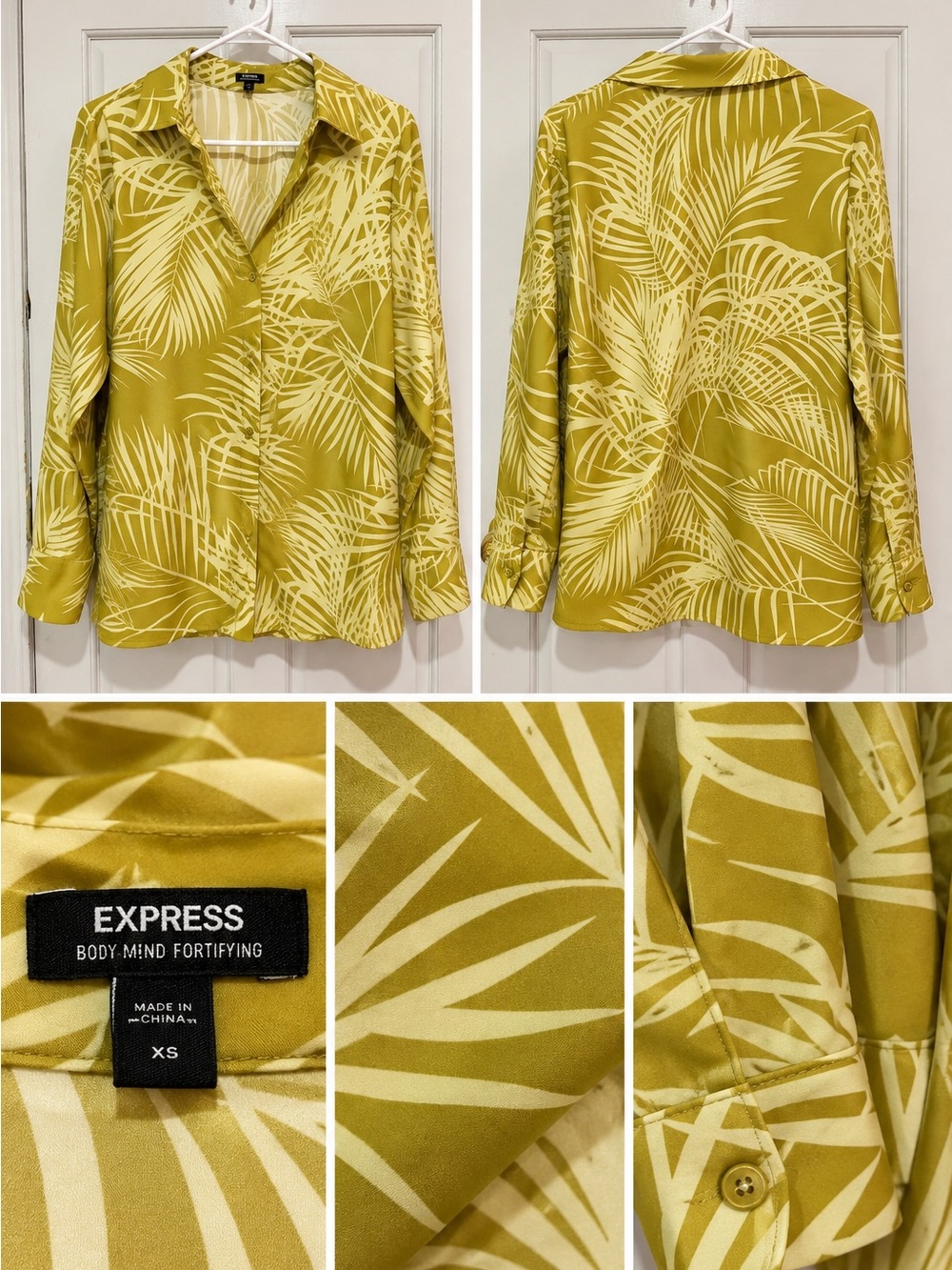 Express Olive Green Tropical Palm Print Satin Button Down Blouse XS